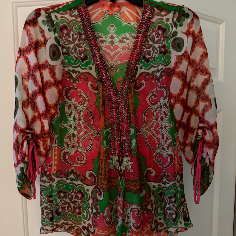 Hale Bob cabana Pink & Green Printed V-Neck sequent  Women's Top xs
